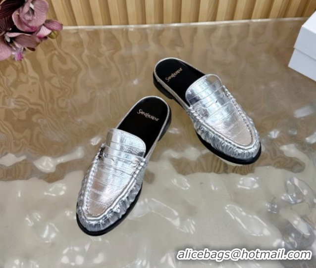 Purchase Saint Laurent Le Loafers Mules in Eel Embossed Leather Silver 0825102