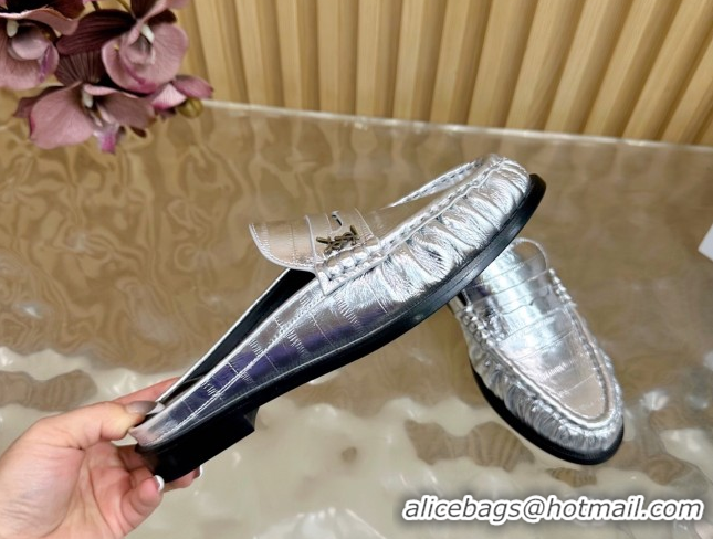 Purchase Saint Laurent Le Loafers Mules in Eel Embossed Leather Silver 0825102