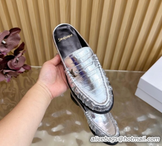 Purchase Saint Laurent Le Loafers Mules in Eel Embossed Leather Silver 0825102