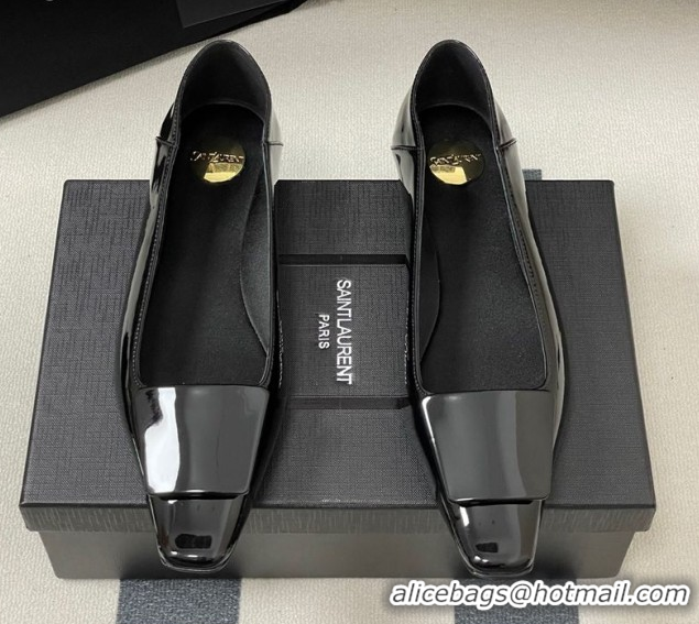 Popular Style Saint Laurent Cassandre Ballerinas Flat with Square Buckle in Patent Leather Black 0825104 