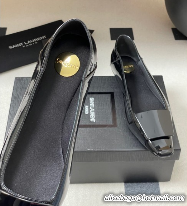 Popular Style Saint Laurent Cassandre Ballerinas Flat with Square Buckle in Patent Leather Black 0825104 