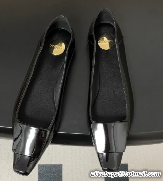 Popular Style Saint Laurent Cassandre Ballerinas Flat with Square Buckle in Patent Leather Black 0825104 
