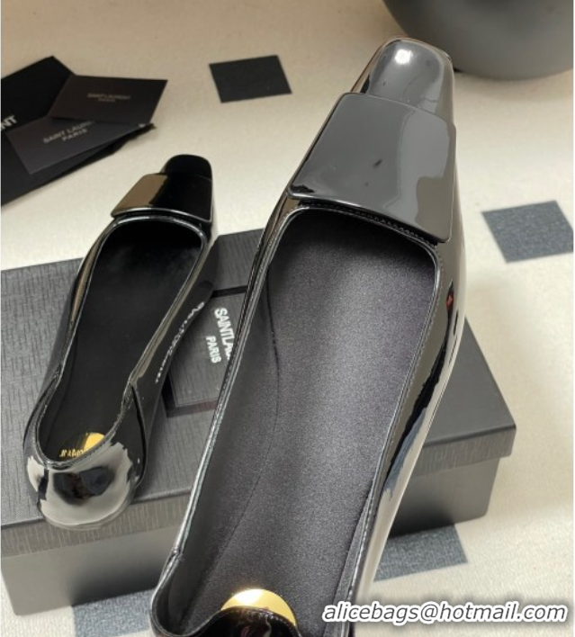 Popular Style Saint Laurent Cassandre Ballerinas Flat with Square Buckle in Patent Leather Black 0825104 