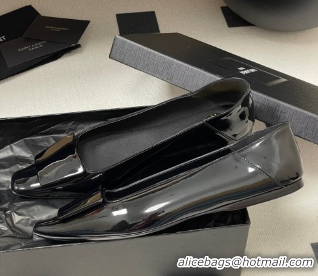 Popular Style Saint Laurent Cassandre Ballerinas Flat with Square Buckle in Patent Leather Black 0825104 