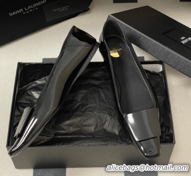 Popular Style Saint Laurent Cassandre Ballerinas Flat with Square Buckle in Patent Leather Black 0825104 