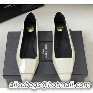 Luxury Cheap Saint Laurent Cassandre Ballerinas Flat with Square Buckle in Patent Leather White 0825105