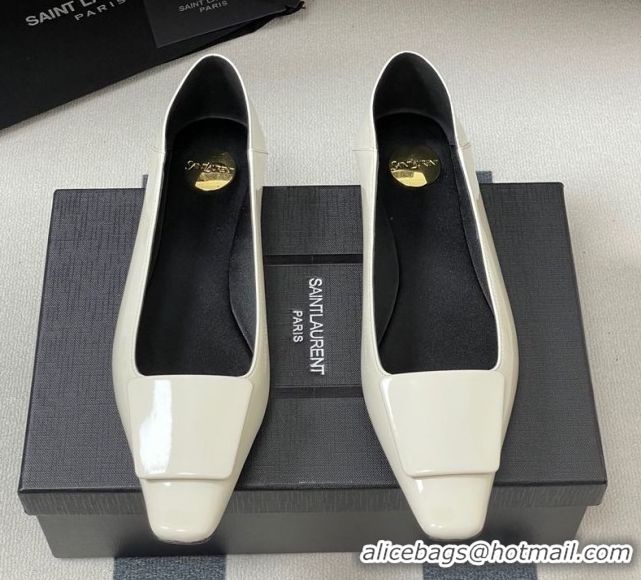 Luxury Cheap Saint Laurent Cassandre Ballerinas Flat with Square Buckle in Patent Leather White 0825105