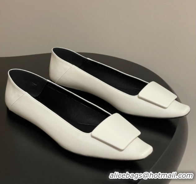 Luxury Cheap Saint Laurent Cassandre Ballerinas Flat with Square Buckle in Patent Leather White 0825105