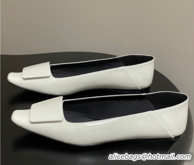 Luxury Cheap Saint Laurent Cassandre Ballerinas Flat with Square Buckle in Patent Leather White 0825105