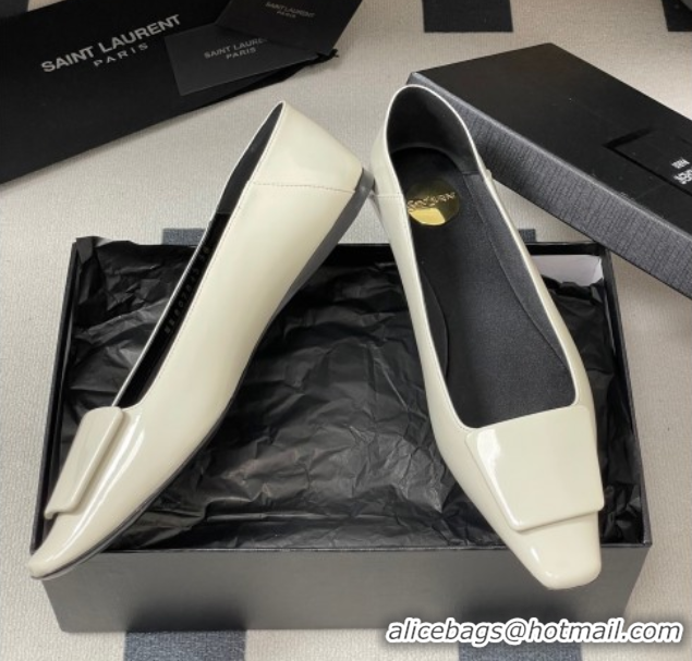Luxury Cheap Saint Laurent Cassandre Ballerinas Flat with Square Buckle in Patent Leather White 0825105