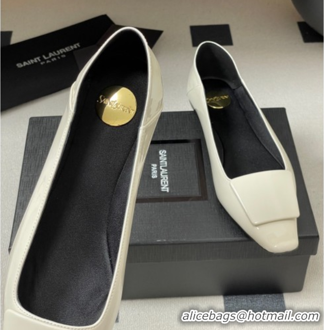 Luxury Cheap Saint Laurent Cassandre Ballerinas Flat with Square Buckle in Patent Leather White 0825105