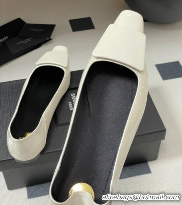 Luxury Cheap Saint Laurent Cassandre Ballerinas Flat with Square Buckle in Patent Leather White 0825105