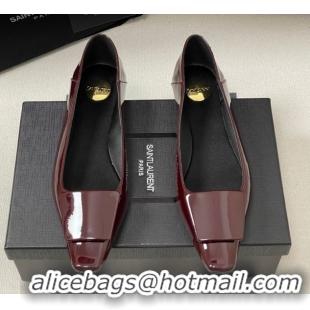 Luxury Saint Laurent Cassandre Ballerinas Flat with Square Buckle in Patent Leather Burgundy 0825106