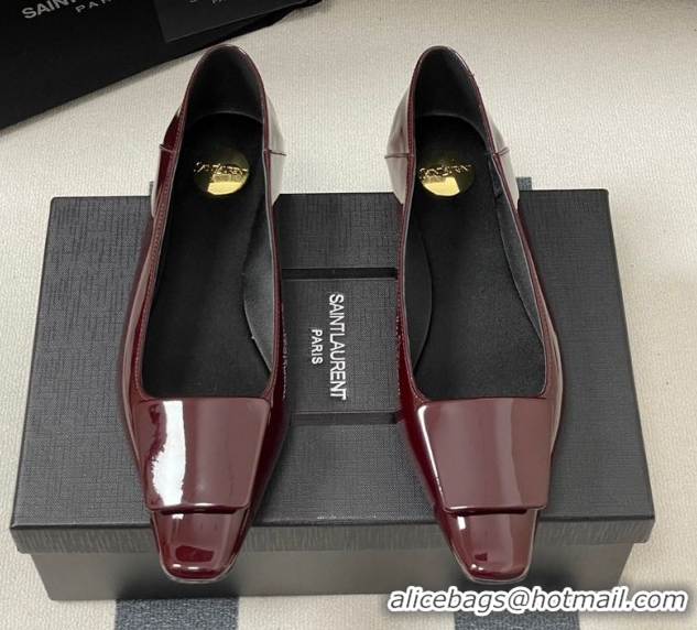 Luxury Saint Laurent Cassandre Ballerinas Flat with Square Buckle in Patent Leather Burgundy 0825106