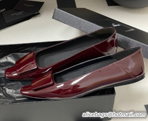 Luxury Saint Laurent Cassandre Ballerinas Flat with Square Buckle in Patent Leather Burgundy 0825106