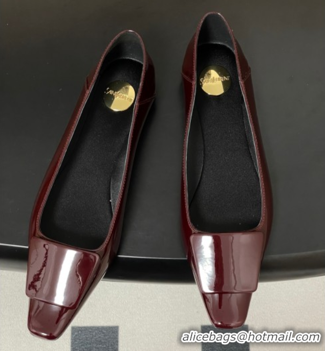 Luxury Saint Laurent Cassandre Ballerinas Flat with Square Buckle in Patent Leather Burgundy 0825106