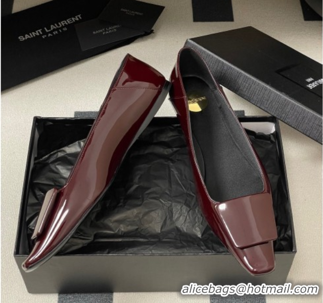 Luxury Saint Laurent Cassandre Ballerinas Flat with Square Buckle in Patent Leather Burgundy 0825106
