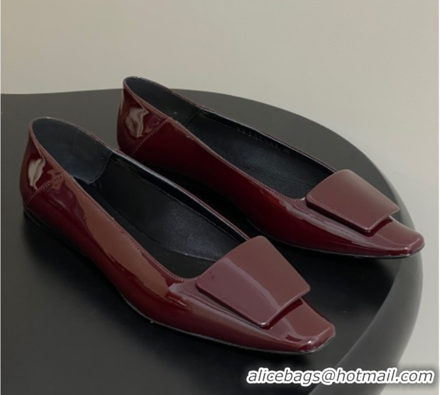 Luxury Saint Laurent Cassandre Ballerinas Flat with Square Buckle in Patent Leather Burgundy 0825106
