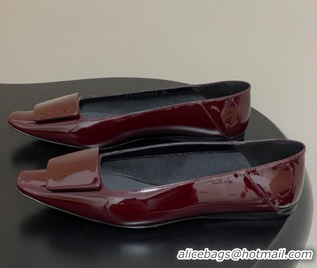 Luxury Saint Laurent Cassandre Ballerinas Flat with Square Buckle in Patent Leather Burgundy 0825106