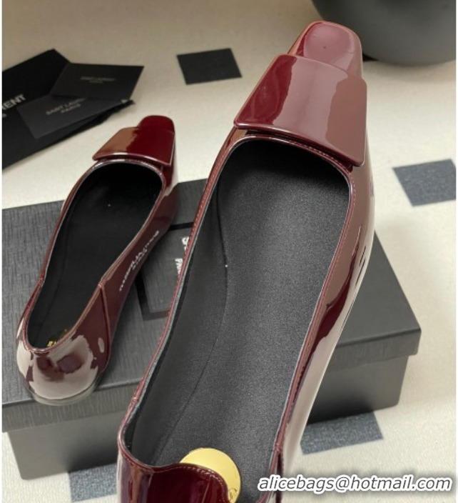 Luxury Saint Laurent Cassandre Ballerinas Flat with Square Buckle in Patent Leather Burgundy 0825106