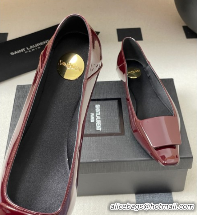 Luxury Saint Laurent Cassandre Ballerinas Flat with Square Buckle in Patent Leather Burgundy 0825106