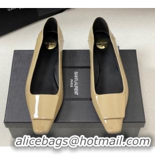 Good Quality Saint Laurent Cassandre Ballerinas Flat with Square Buckle in Patent Leather Beige 0825107