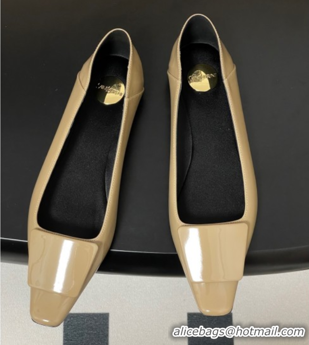 Good Quality Saint Laurent Cassandre Ballerinas Flat with Square Buckle in Patent Leather Beige 0825107