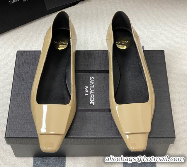 Good Quality Saint Laurent Cassandre Ballerinas Flat with Square Buckle in Patent Leather Beige 0825107