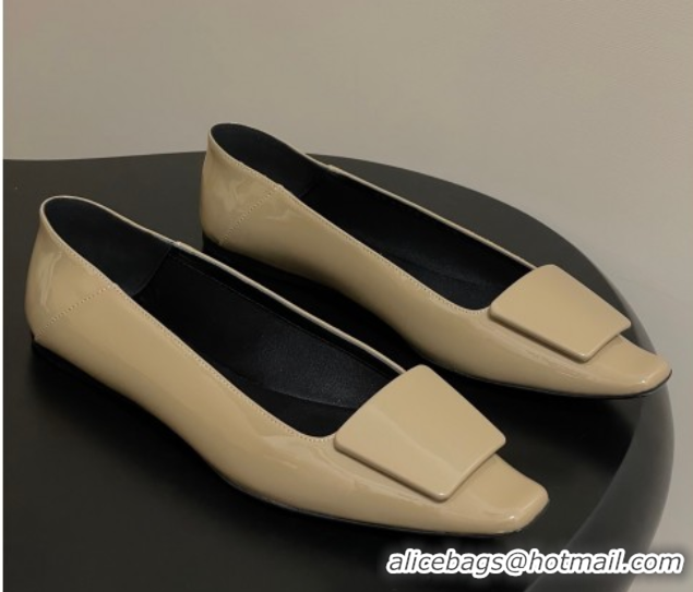 Good Quality Saint Laurent Cassandre Ballerinas Flat with Square Buckle in Patent Leather Beige 0825107