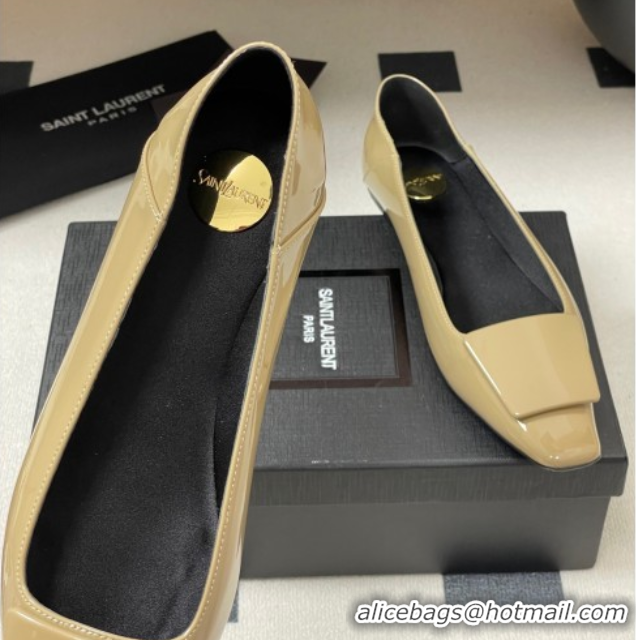 Good Quality Saint Laurent Cassandre Ballerinas Flat with Square Buckle in Patent Leather Beige 0825107