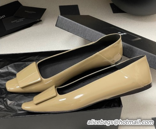 Good Quality Saint Laurent Cassandre Ballerinas Flat with Square Buckle in Patent Leather Beige 0825107