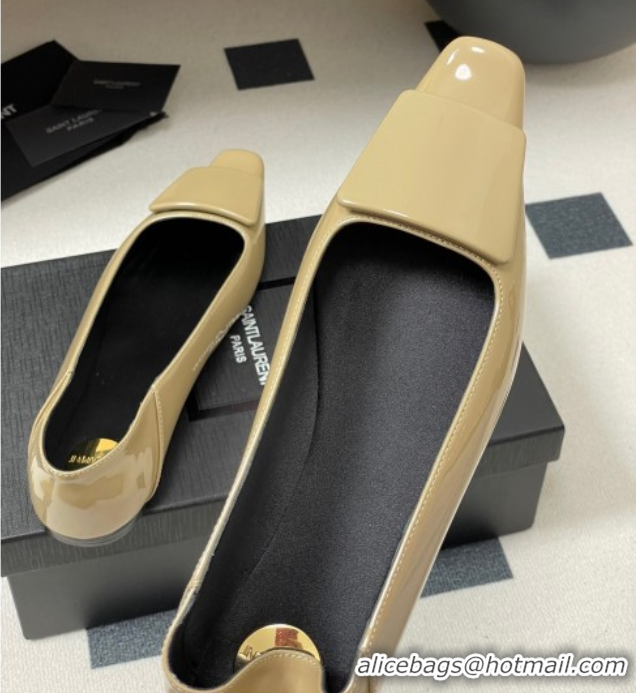 Good Quality Saint Laurent Cassandre Ballerinas Flat with Square Buckle in Patent Leather Beige 0825107