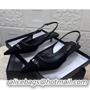Top Grade Saint Laurent Mesh Slingback Pumps 3.5cm with Buckle Black 0825115