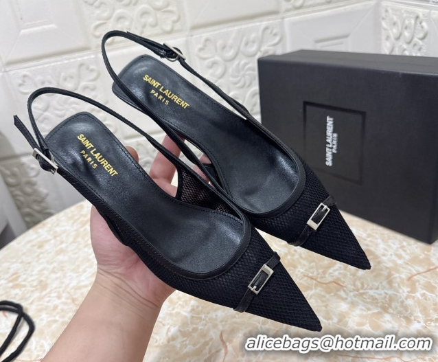 Top Grade Saint Laurent Mesh Slingback Pumps 3.5cm with Buckle Black 0825115