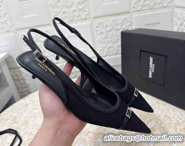 Top Grade Saint Laurent Mesh Slingback Pumps 3.5cm with Buckle Black 0825115