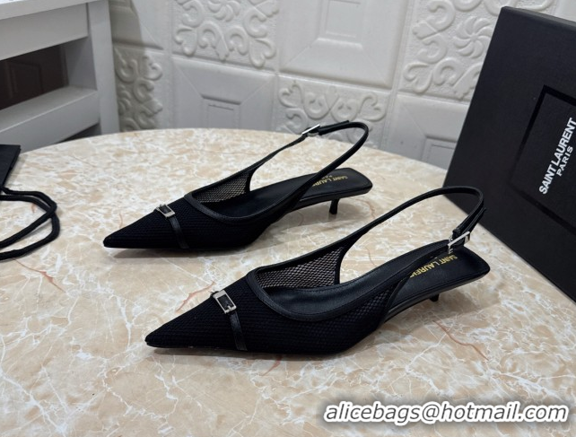Top Grade Saint Laurent Mesh Slingback Pumps 3.5cm with Buckle Black 0825115