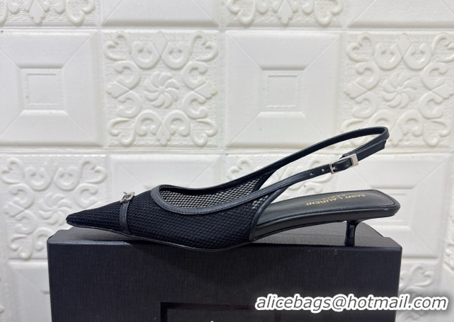 Top Grade Saint Laurent Mesh Slingback Pumps 3.5cm with Buckle Black 0825115