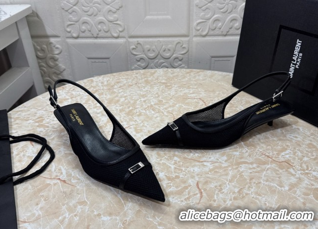Top Grade Saint Laurent Mesh Slingback Pumps 3.5cm with Buckle Black 0825115