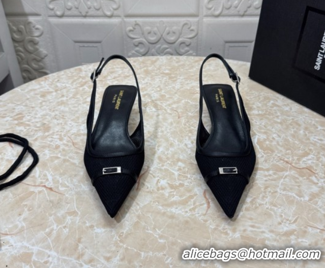 Top Grade Saint Laurent Mesh Slingback Pumps 3.5cm with Buckle Black 0825115