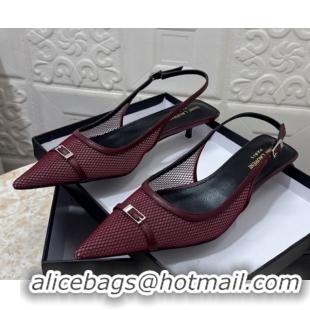 Unique Style Saint Laurent Mesh Slingback Pumps 3.5cm with Buckle Burgundy 0825116
