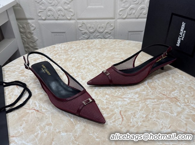 Unique Style Saint Laurent Mesh Slingback Pumps 3.5cm with Buckle Burgundy 0825116