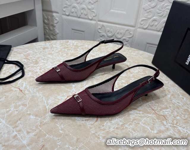 Unique Style Saint Laurent Mesh Slingback Pumps 3.5cm with Buckle Burgundy 0825116