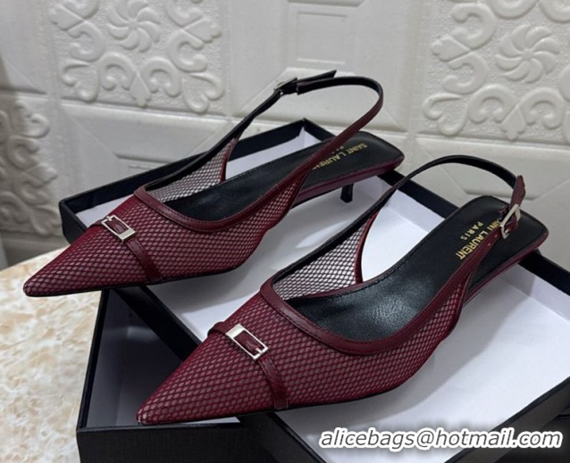 Unique Style Saint Laurent Mesh Slingback Pumps 3.5cm with Buckle Burgundy 0825116