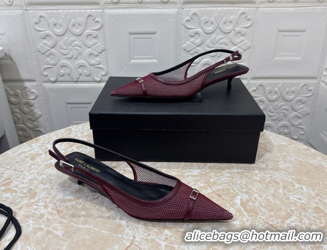 Unique Style Saint Laurent Mesh Slingback Pumps 3.5cm with Buckle Burgundy 0825116