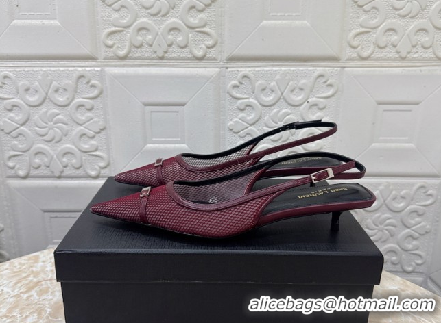 Unique Style Saint Laurent Mesh Slingback Pumps 3.5cm with Buckle Burgundy 0825116