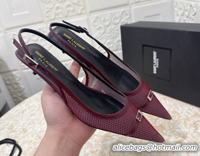 Unique Style Saint Laurent Mesh Slingback Pumps 3.5cm with Buckle Burgundy 0825116