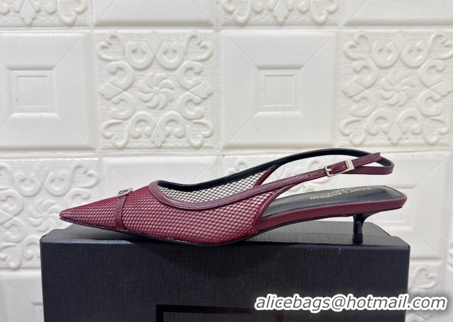 Unique Style Saint Laurent Mesh Slingback Pumps 3.5cm with Buckle Burgundy 0825116