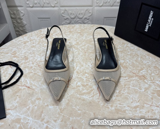 Durable Saint Laurent Mesh Slingback Pumps 3.5cm with Buckle Beige 0825117