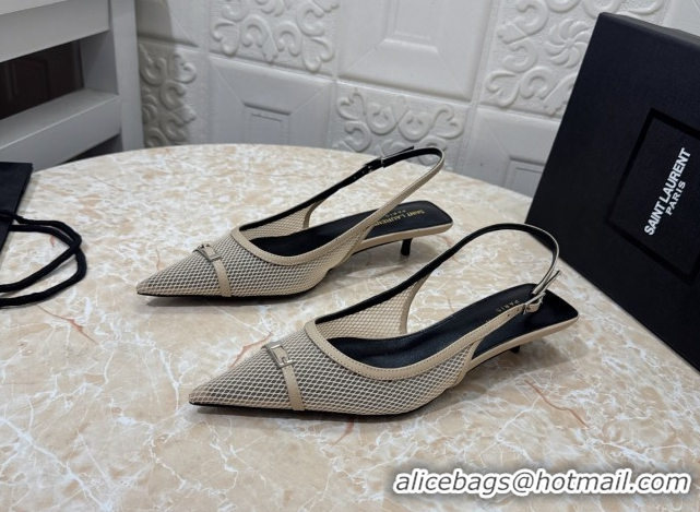 Durable Saint Laurent Mesh Slingback Pumps 3.5cm with Buckle Beige 0825117