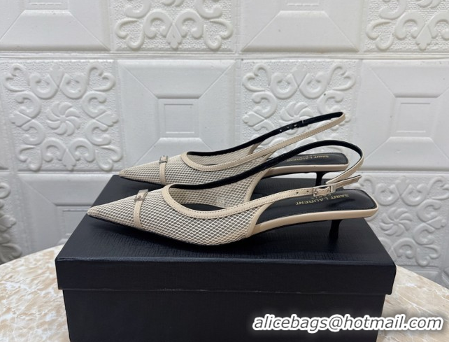 Durable Saint Laurent Mesh Slingback Pumps 3.5cm with Buckle Beige 0825117